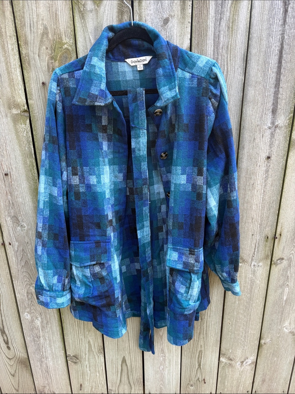 DAVI & DANI Blue Teal Patchwork Plaid Jacket